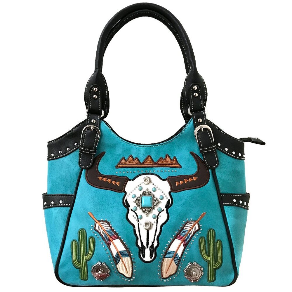 New Longhorn Skull Feather Embroidery Tote Purse